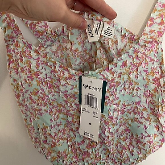 NEW NWT ROXY Sea Fog Strappy Tank Top Mint Green Multi Ditsy Floral Crop Top M - Picture 6 of 12